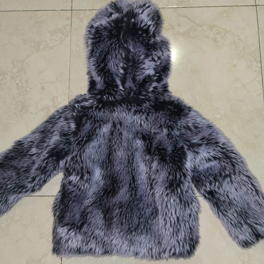 American Wigeon Faux Fur Hooded Jacket Girls Sz 4 Gray Plush Purple Lining